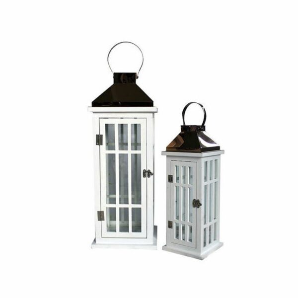 White wooden antique metal candle lantern with metal top