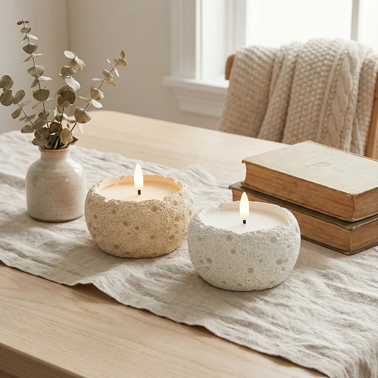 LED Electronic Candle Battery Operated Flickering Flameless Cement Led Candle of a Gypsum Bullet Head with a Crater Surface