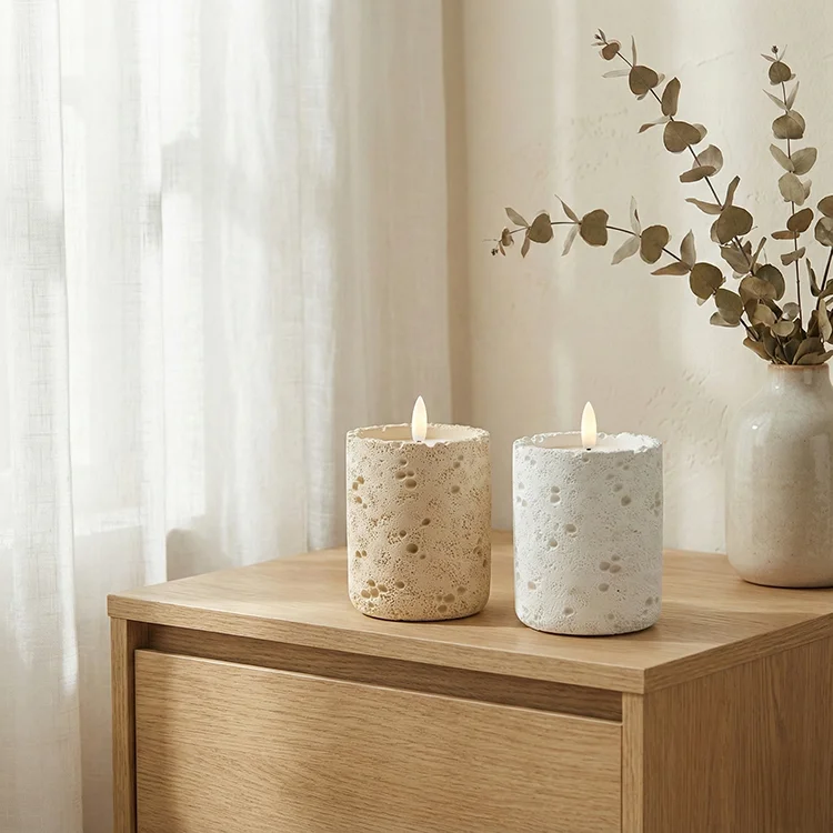 Hot Selling Cylinder Potholes Design Concrete Candle Cup Modern Style LED Candle for Home Decor