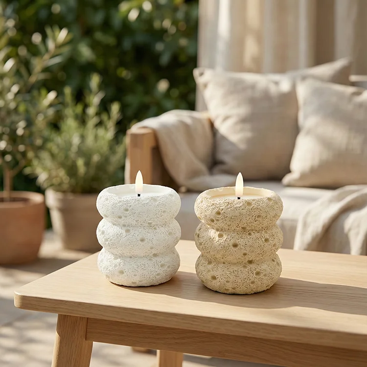 Gypsum Cement Round three-layered circular gypsum bullet head meteor crater LED candlle for Home Decoration