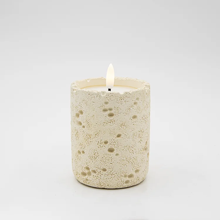 Hot Selling Cylinder Potholes Design Concrete Candle Cup Modern Style LED Candle for Home Decor