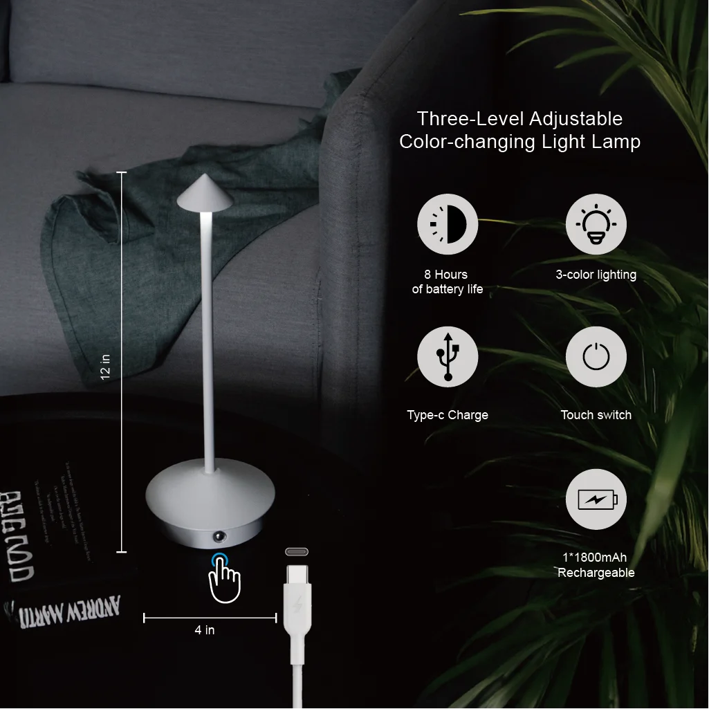 LED Night Lamp Touch Dimming Pyramid Shape Aluminum Body Cordless DC Power Supply for Home Decoration