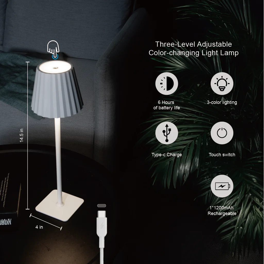Portable LED Cordless Table Lamp Touch Dimming Night Lamp with ABS Body for Bedrooms DC Power Supply