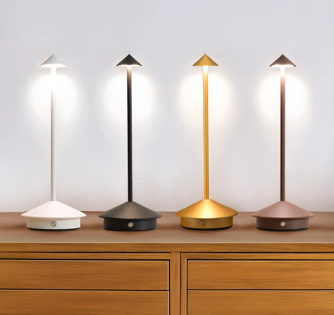 LED Night Lamp Touch Dimming Pyramid Shape Aluminum Body Cordless DC Power Supply for Home Decoration