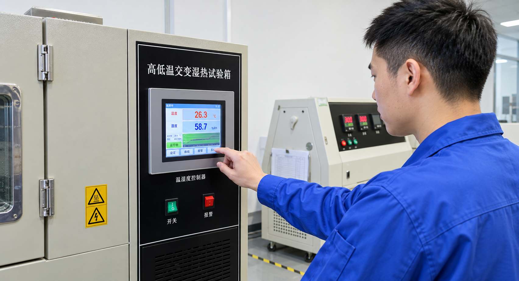 Technician operating testing equipment