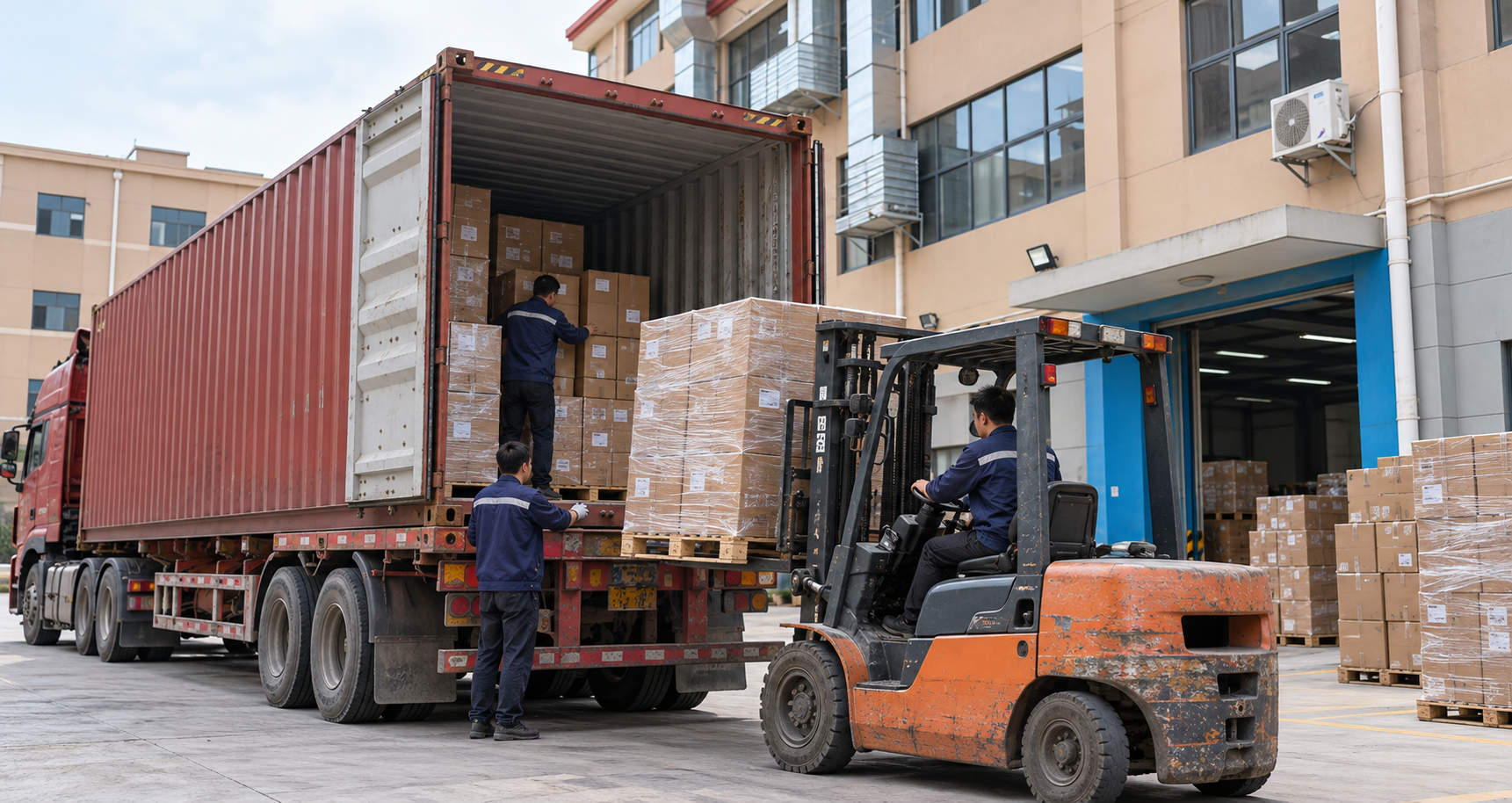 Finished orders being loaded into a container truck for export