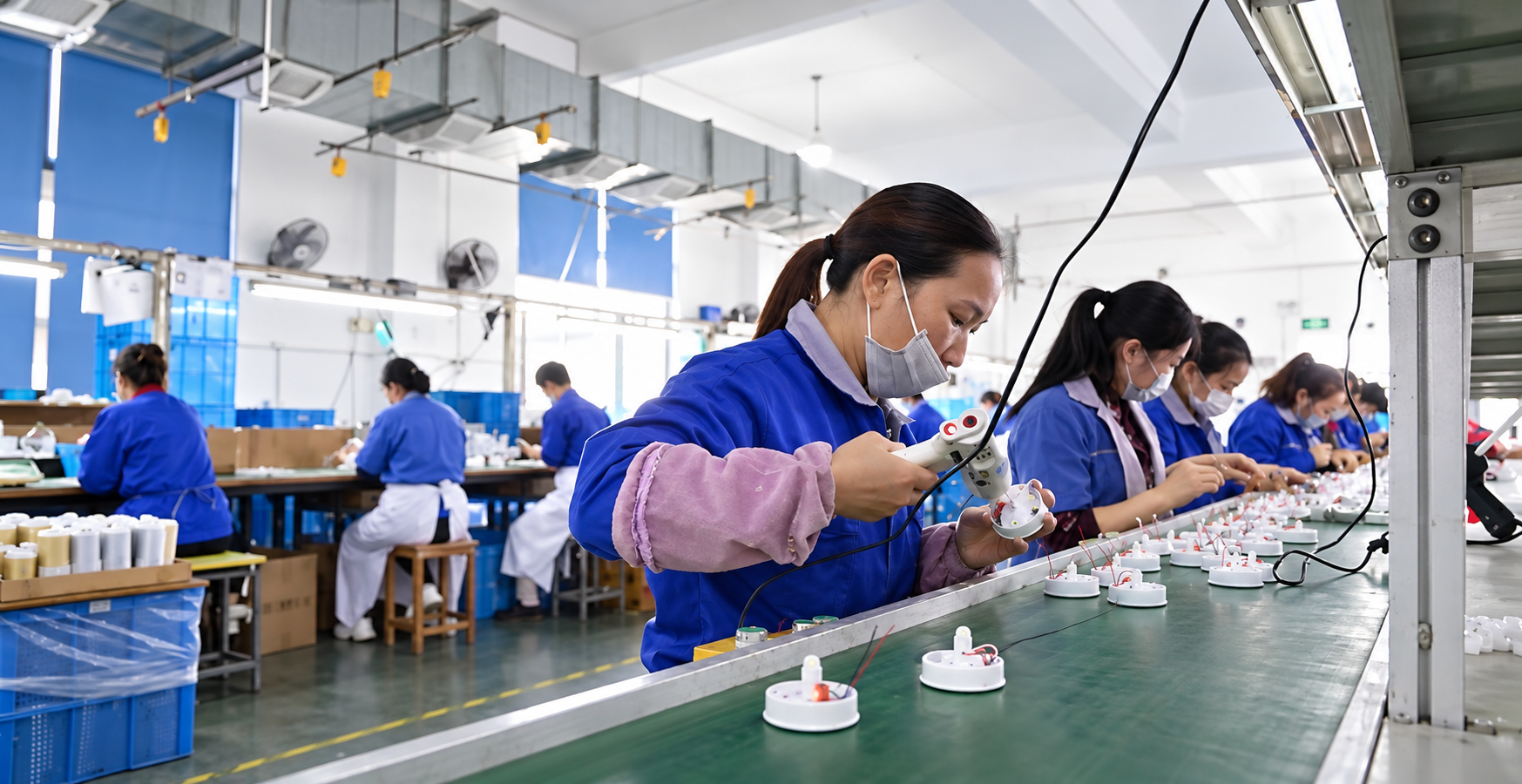 Workers assembling flameless candles