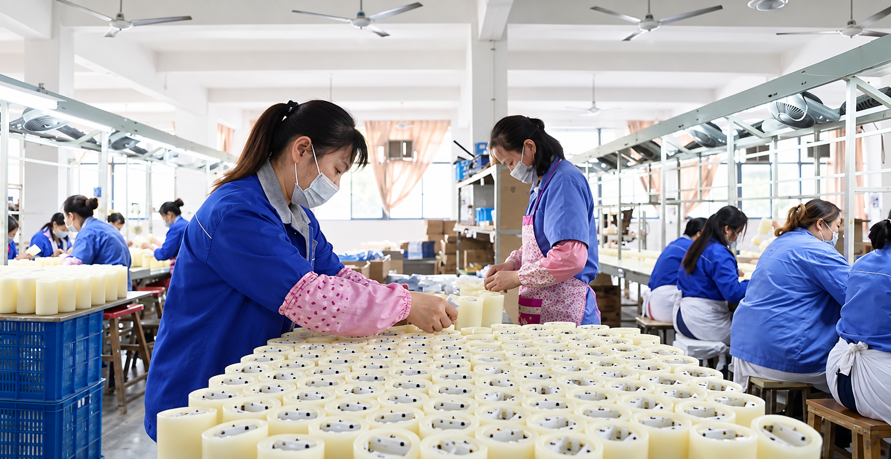 Experienced staff assembling and inspecting flameless candles
